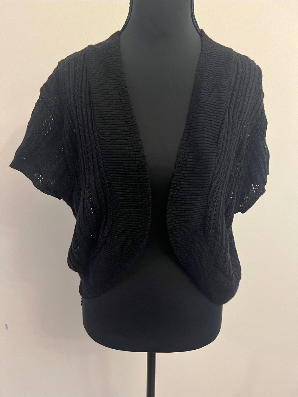 Dots Black Open-Knit Short Sleeve Cardigan Shrug